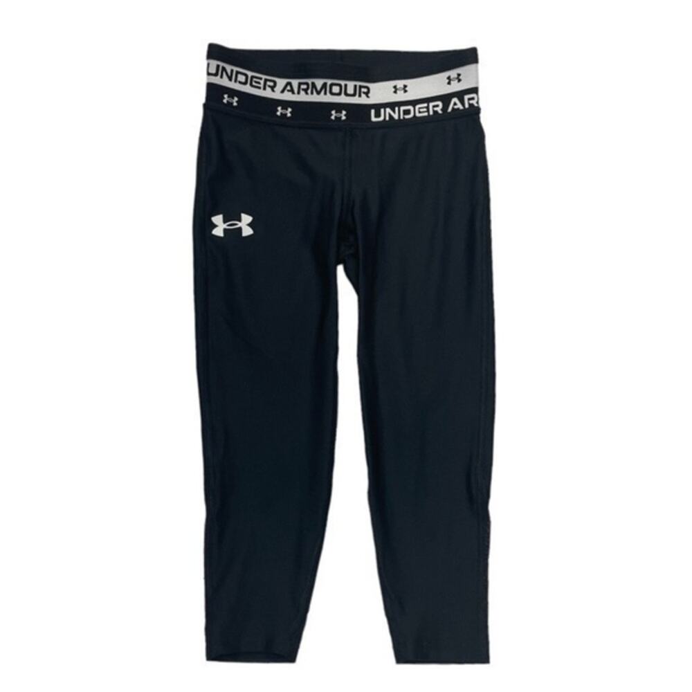 Under Armour Girls YXS Crop Leggings Black Mesh Hem Athletic 1361237